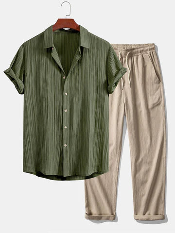 Crinkled Textured Button Up Shirt & Crinkle Textured Straight Leg Pants